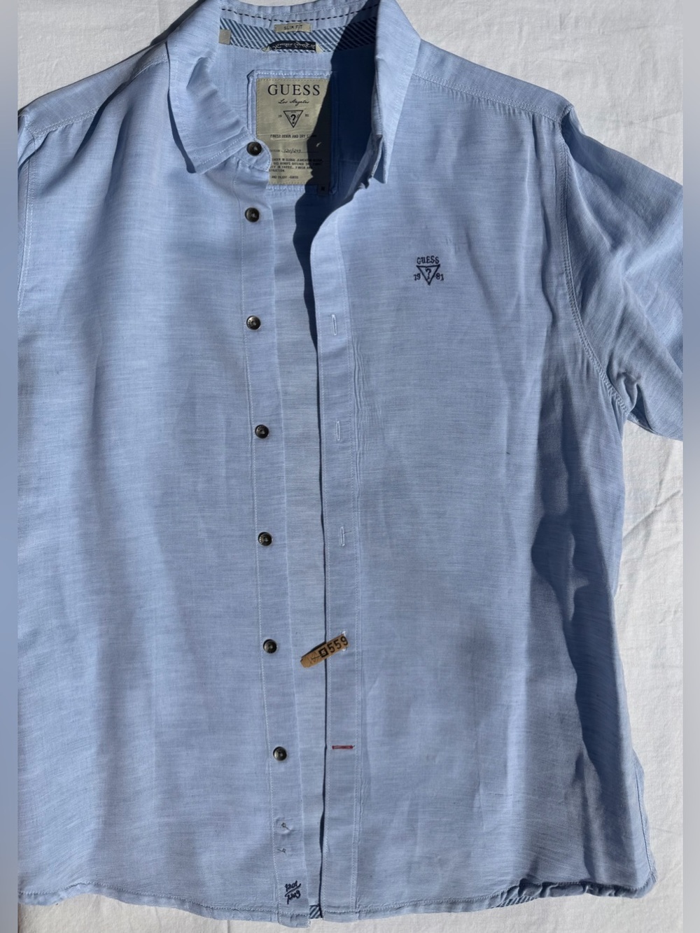 Vintage GUESS Men’s Light Blue Short Sleeve Button-Up Shirt